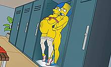 Marge, die freche Hausfrau, wird während der Abwesenheit ihres Mannes sowohl im Fitnessstudio als auch zu Hause anal genommen, mit einem humorvollen Hentai-Cartoon mit Simpsons als Kulisse